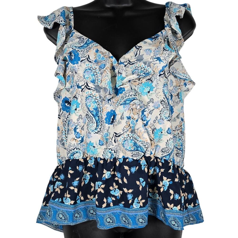Nine Britton Stitch Fix Women Cream Blue Floral Tank Top‎ L NWT